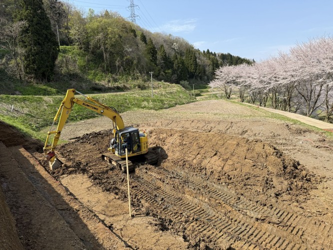 桜並木の下での田災害復旧工事。豊かな実りを取り戻す、私たちの仕事。